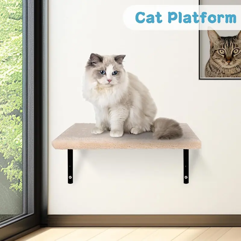 Cat Wall Furniture, 4 in 1 Cat Tree Tower Scratching Posts, Indoor Cats Climbing Frame with Cats Hammock, Hanging Ball Toy, Kitten Wall Shelves for Indoor - Beige 5