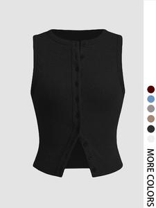 Women's Plain Button Front Ribbed Crop Tank Top, Casual Sleeveless Round Neck Top for Daily Wear, Ladies Clothes for All Seasons