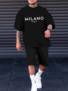 Two-Piece Set Men's Letter Print Tee & Track Shorts Set, Loose Casual Short Sleeve T-shirt & Shorts, Summer Clothes Set for Men