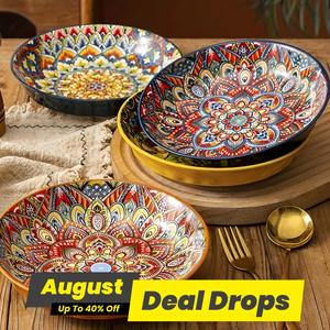 Bohemian Style Floral Pattern Ceramic Dinner Plate Set, 4 Counts/set Creative Dish Plate, Multicolor Large Deep Plate for Home and Restaurant Use, Kitchenware, Modern Ceramic Dinnerware, Home Decor Uk, Dishwasher Safe Tableware