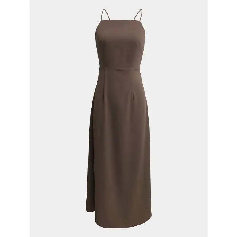Elegant Off-Shoulder Brown Maxi Dress with Crisscross Back Detail - Sleeveless, Polyester Blend, Perfect for Parties & Bridesmaids 2
