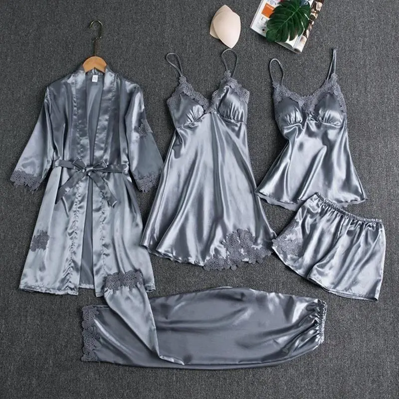 5PC Silk Robe Sleep Suit Womens Lace SatinPajamas Gown Set V-Neck Cami Nighties WearPijama Home Nightwear Spring Nightdress 2