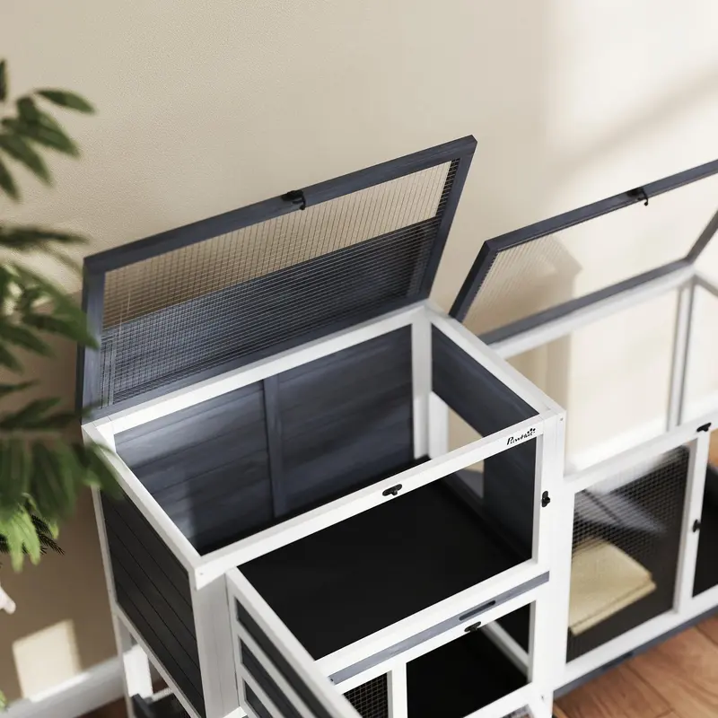 Wooden Rabbit Hutch with Run 2 Tier Guinea Pig Cage on Wheels 3 Trays 2 Openable Tops by PawHut 8