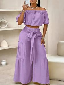 Two-piece Set Women's Solid Color Top & Wide Leg Pants Set, Casual Fashion Cozy Top & Trousers for Daily Outdoor Wear, Ladies Clothes for Summer