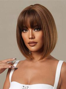 12 Inch Brown Short Straight Bobo Wigs For Women, Striking Natural Gorgeous Fluffy Synthetic Wigs With Bangs, Synthetic Full Machine Wigs For Party, Daily Use, Anime Cosplay