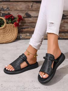 Women's Fashionable Plain Color Slip on Sandals, Casual Comfortable Black Flat Strap Sandals for Summer, Lightweight Sandals for Beach & Park, Walking Shoes, Chic Summer Footwear, Casual Slide Sandals, Soft Bottom Sandals