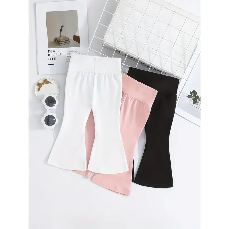 Girls' Solid Color Half-High Waist Bell Bottom Pants 3pcs Set 1