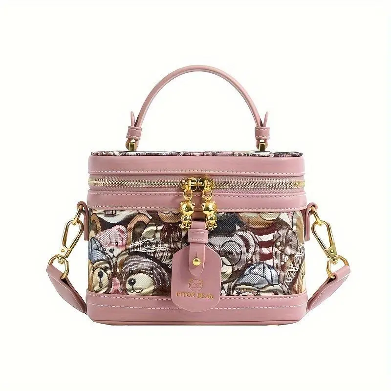 Bolso Tipo Cubo para Mujer con Diseño de Oso de Peluche - Elegante Bolso Cilíndrico con Correa de Hombro Ajustable, Cierre de Cremallera y Herrajes en Tono Dorado en Rosa Brillante/Marrón Claro/Azul, Bolso Casual | Diseño Juguete | Correa Decorativa 7