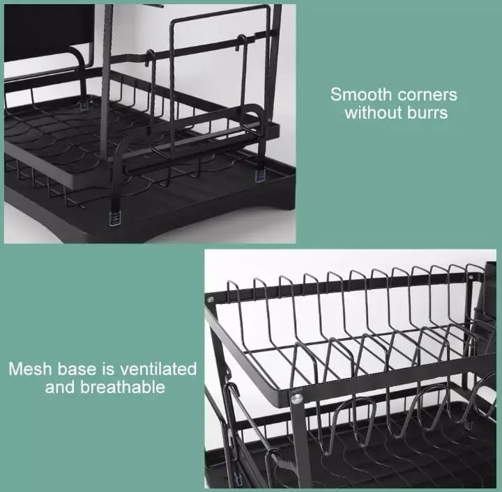 2 Tier Dish Drainer, Multifunctional Dish Drainer Rack, Rustproof Kitchen Dish Drying Rack Drainboard & Utensil Holder, Space-Saving Dish Kitchen Counter, Large, Black Storage Holders & Racks Cabinet Organizer Stainless Steel Waterproof Decor Installation 7