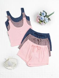Women's Solid Button Decor Tank Top & Tie Front Shorts Pajama Set, Casual Comfy Sleeveless Top & Shorts Loungewear Set, Ladies Summer Sleepwear