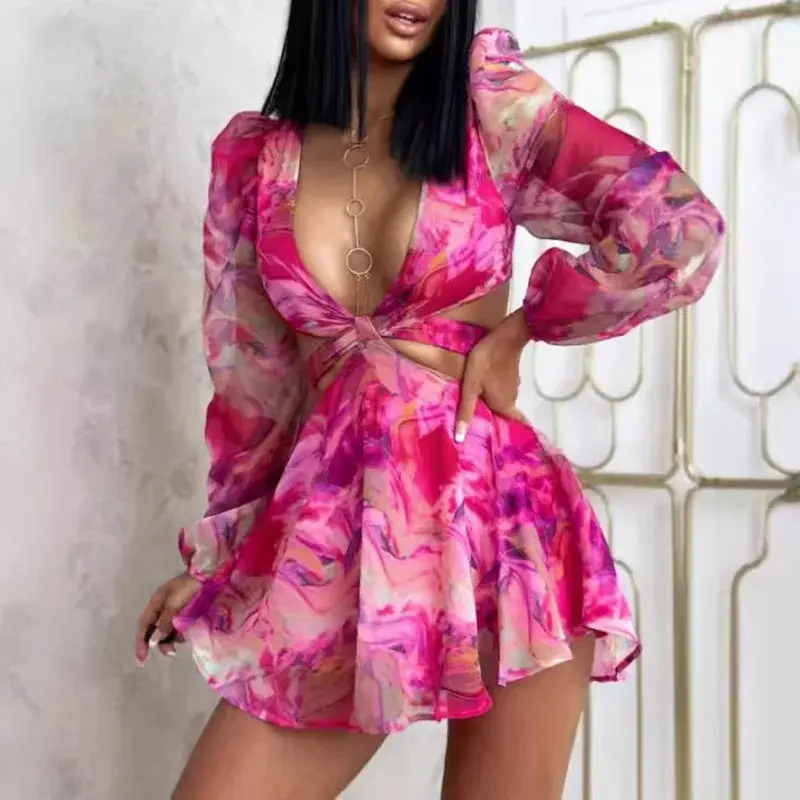 Flower Print Mesh Women's Party Romper Spring Summer Sexy Lady Deep V High Waist Mini Playsuit Fashion Hollow Bohemian Jumpsuit