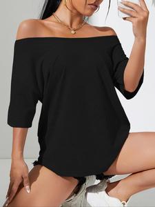 Women's Plain Off Shoulder Boat Neck Tee, Casual Fashion Solid Half Sleeve T-shirt, Ladies Clothes for Summer Daily Wear, Womenswear