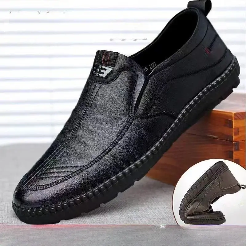 Mens Leather Loafers Non Slip Walking Flats Breathable Outdoor Slip on Casual Shoes for Male Work Office Driving Sneakers Footwear Boy Slipon Comfort Bedroom Tactical Women Parent  Design Black