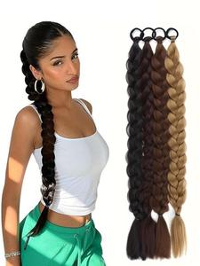 24 Inch Long Braided Ponytail Extension with Hair Tie, Synthetic Extensions, Synthetic Hair Wig, Natural Looking Fluffy Straight Wrap with Synthetic Braids Ponytail Extension, Synthetic Hair Piece for Women
