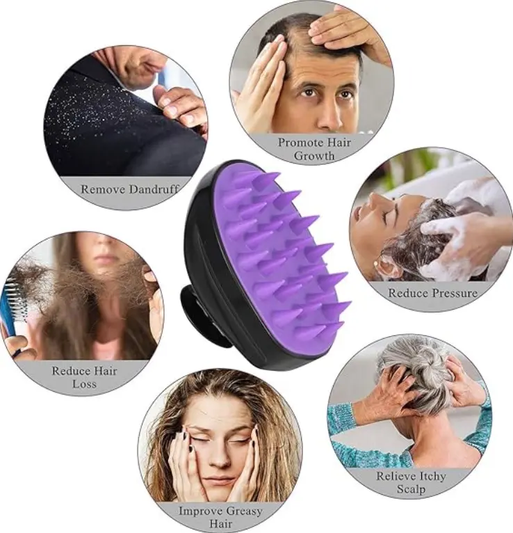 Scalp Massager Shampoo Brush, Soft Silicone No Flaky Hair Scalp Brush for Wet or Dry Hair, Head Scrubber Scalp Exfoliator Anti Dandruff Brush, Squishy Hair Brush Handle (Black and Purple) 4
