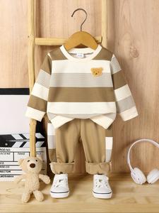 Baby Boys' Striped Bear Embroidered Long Sleeve Sweatshirt & Pants Set, Casual Fashion for Fall Winter Daily Wear Outdoor Play Party Gift