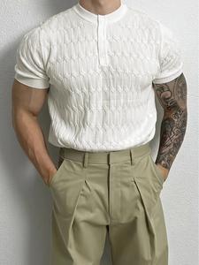 Men's Solid Cable Knit Tee, Regular Fit Casual Short Sleeve Crew Neck T-shirt for Summer, Fashion Men's Top for Daily Wear, Tropical