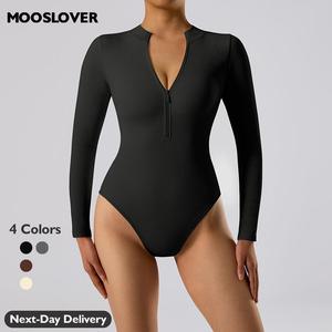 Mooslover UK Women's Bodysuits Sexy Ribbed One Piece Zip Front Long Sleeve Top Bodysuits Womenswear Comfort Basic
