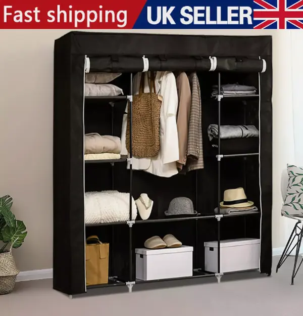 LARGE FABRIC CANVAS WARDROBE WITH HANGING RAIL SHELVING CLOTHES STORAGE CUPBOARD