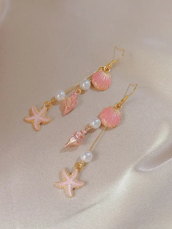 1 Pair Pink Shell & Conch Dangle Earrings for Teenage Girls – Beach Vacation Style with Faux Pearls, Cute Summer Jewellery for Holidays & Daily Wear 6