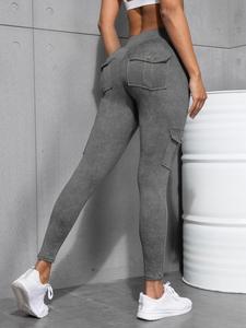 Women's Washed Denim-Effect Print/Solid Color Sports Leggings, Tight-fitting Casual Comfortable Breathable Flap Pocket Design Skinny Pants for Yoga Gym Workout, Ladies Sportswear for All Seasons
