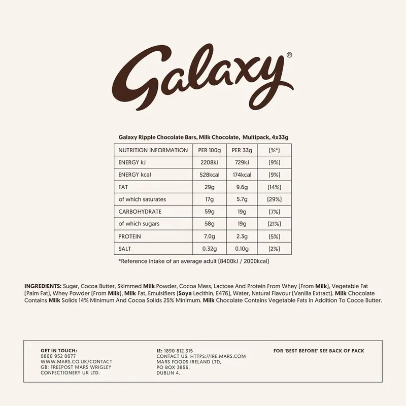 Galaxy Ripple Milk Chocolate Bars, 4 x 30g, Chocolate Multipack, Ideal for Gift, Snacks or Hamper Dessert Bonbon 5