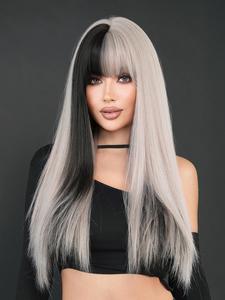 26 Inch Long Straight Long Straight Gray with Black Wigs for Women, Straight Layered Wigs, Fashion Fluffy Wigs, Gorgeous Fluffy Wigs with Bangs, Synthetic Wigs for Party, Daily Use