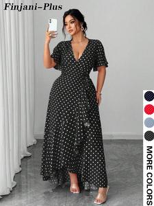 Plus Size V Neck Polka Dot Dress Summer Waist Cinching Flounce Irregular, Stylish Chic Women's Fashion Clothing, Womenswear