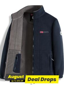 Men's Letter Embroidery Fleece Jacket, Regular Fit Casual Long Sleeve Zip Up Jacket for Fall & Winter, Men's Outerwear for Outdoor Activities