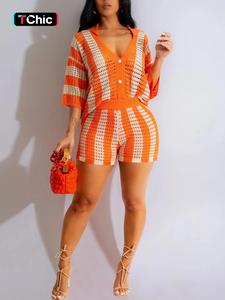 Women's Striped Sweater Top & Shorts Matching Set, Casual Button Front Knitwear Outfits for Summer, Fashion Women's Knit Clothing for Daily Wear, Womenswear