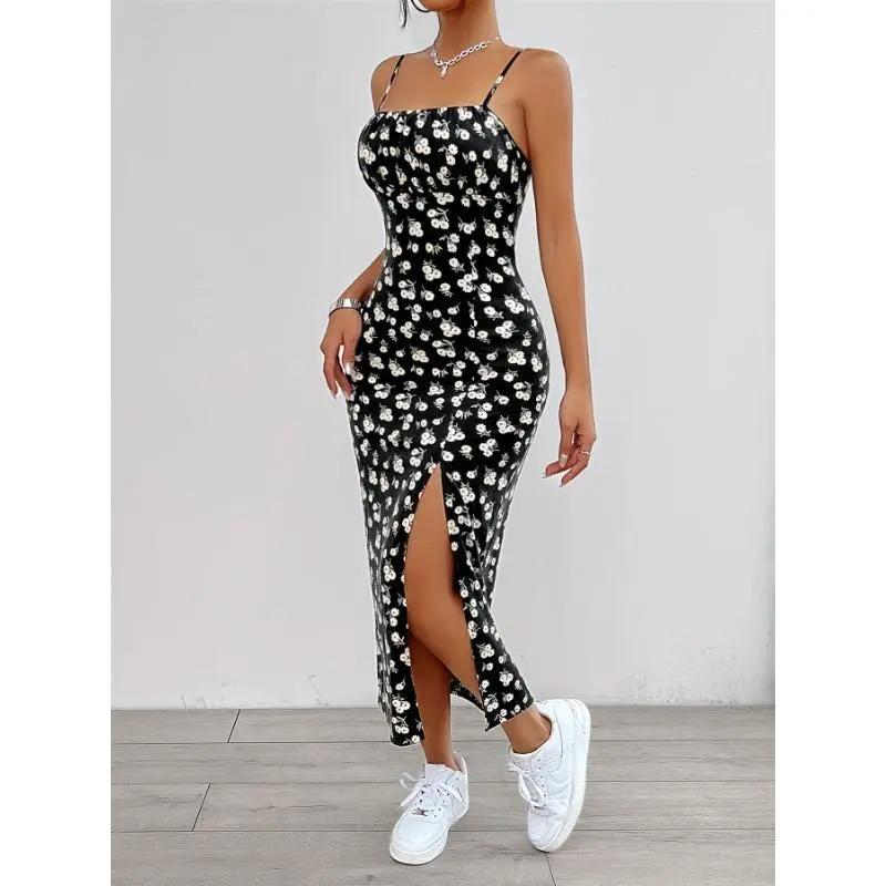Floral Print Split Hem Cami Dress, Elegant Sleeveless Spaghetti Strap Dress For Spring & Summer, Women's Clothing Formal Womenswear Workwear Comfort