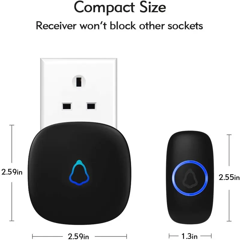 Wireless Doorbell, Plug in Waterproof Battery Operated Cordless Doorbell Operating at 1,000 Feet Long Range with 58 Chimes 5 Volume Levels LED Light Easy Install for Home, School, Office,Black [Energy Class A++] 1