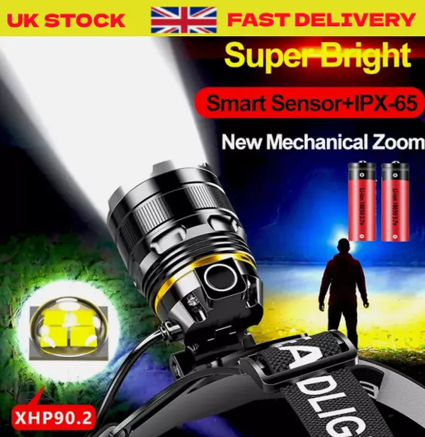 Super Bright Waterproof Head Torch Headlight LED USB Rechargeable Headlamp-UK