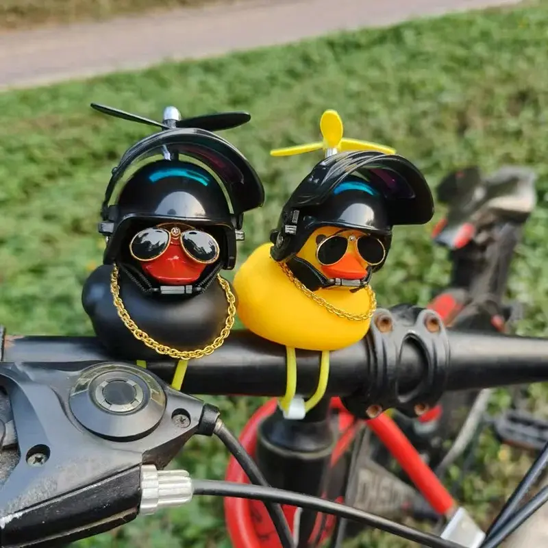 Cute Rubber Duck Bicycle Handlebar Car Steering Bike Decoration with Propellers Glasses Gold Chain Black Yellow Duck Bicycle Car Dash