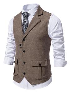 Men's Solid Button Front Pocket Suit Vest, Regular Fit Casual Formal Lapel Sleeveless Suit Vest for Work Office Business, Men's Clothes for All Seasons