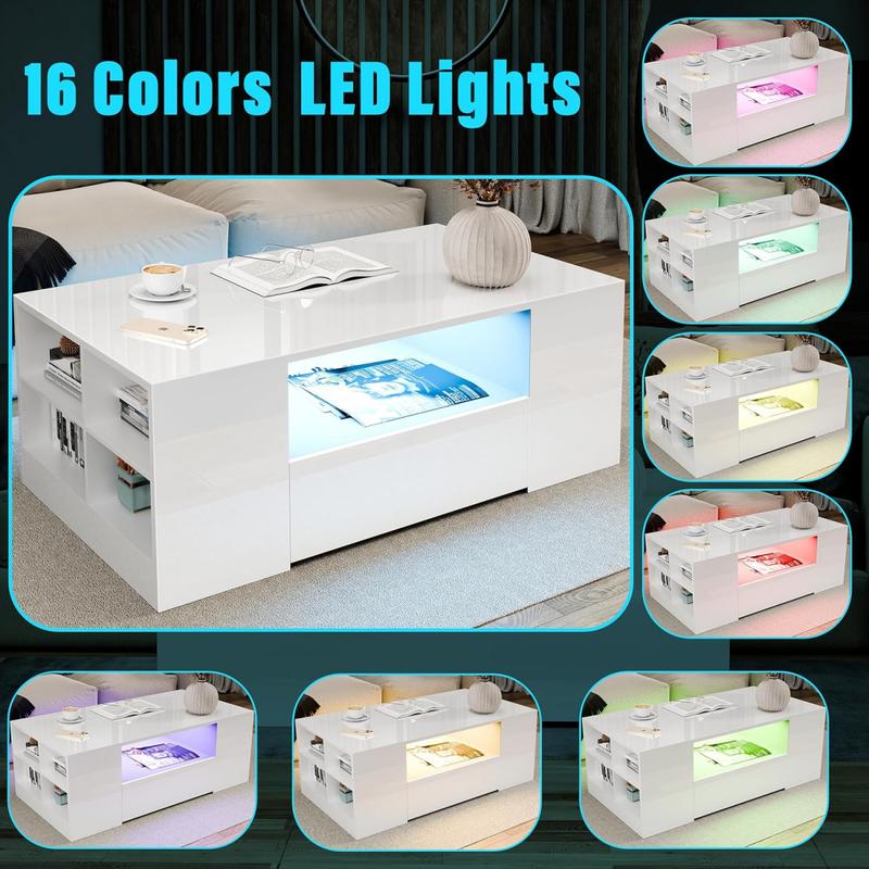Coffee Table with 2 Drawer Storage, High Gloss Coffee Table for Living Room Wooden Centre Table with RGB Led Lights Rectangle Tea Table for Living Room Furniture, White 6
