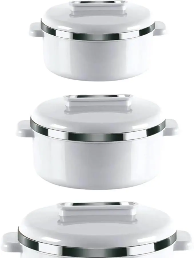Curve 3-Piece Insulated Hot Pot Set – Thermal Casserole Food Warmers with Stainless Steel Inner – Keeps Food Hot or Cold Up to 6 Hours – Ideal for Rice, Soup, Curry, Salads – White Serving Dish Set for Entertaining