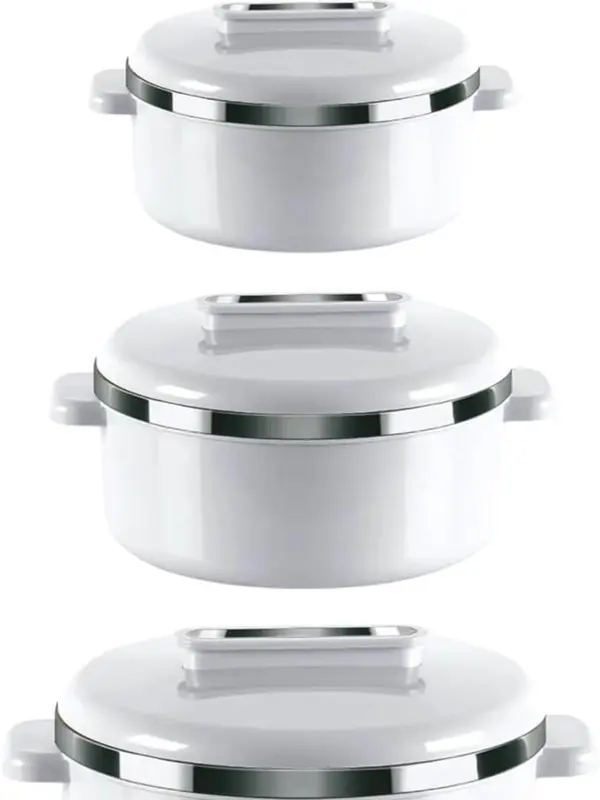 Curve 3-Piece Insulated Hot Pot Set – Thermal Casserole Food Warmers with Stainless Steel Inner – Keeps Food Hot or Cold Up to 6 Hours – Ideal for Rice, Soup, Curry, Salads – White Serving Dish Set for Entertaining Cookware 1