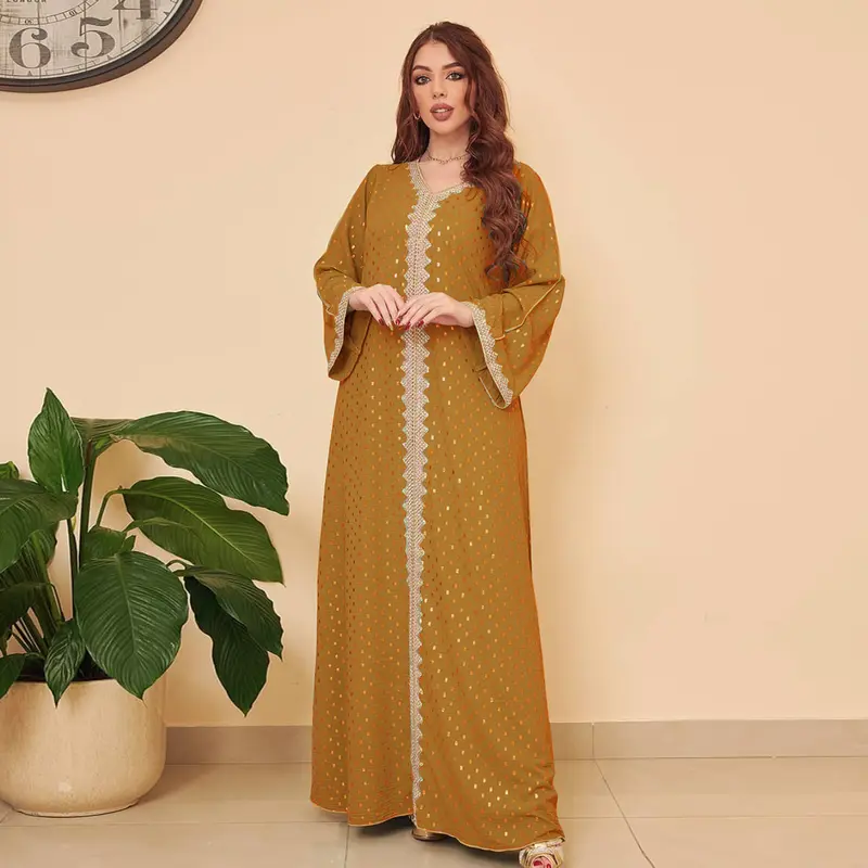 Muslim Abaya Gold Embossed Simple Lace Slim Fit Dubai Women's Dress 3