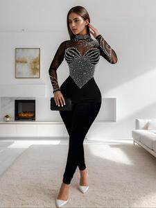 Women's Plain Rhinestone Decor Mock Neck Mesh Skinny Jumpsuit, Elegant Fashion Long Sleeve Zipper Jumpsuit for Party Club Dating, Valentine's Day Gift for Girl, Ladies Spring & Fall Clothes