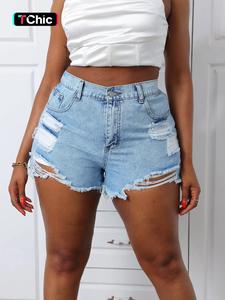 Plus Size Button Ripped High Waist Denim Shorts, Fashion Casual Pocket Shorts for Daily Outdoor Wear, Women Plus Size Clothing for Summer
