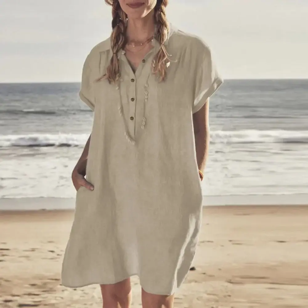 Women's L-5XL Plus Size Summer Cotton and Linen Short Sleeved Button Dress with Lapel Pockets Solid Color Loose Fitting Dress