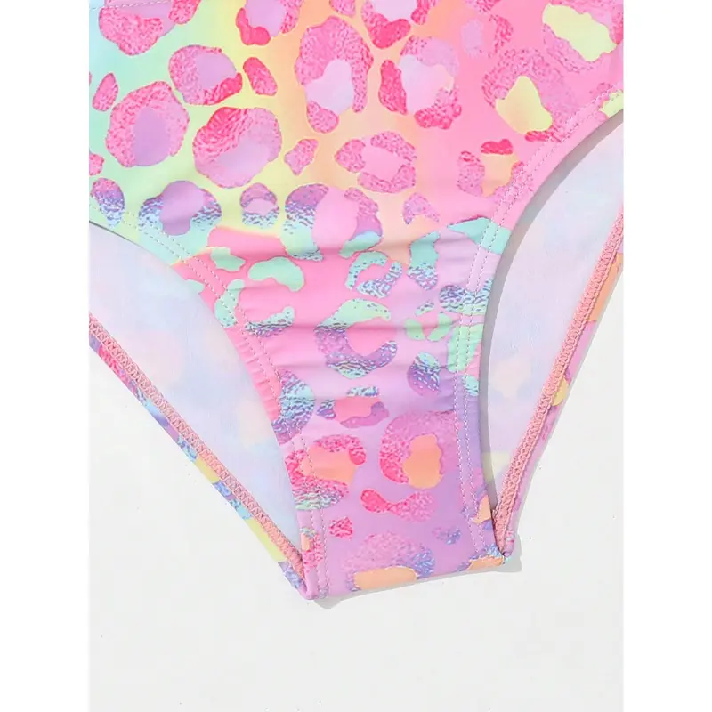 Young Girl Pink Multi-Color Leopard Print Swimwear Set With Fun Patterns 3