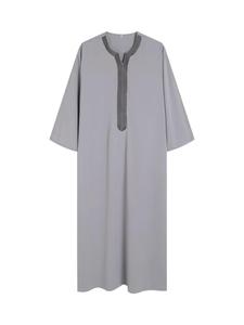 Men's Regular Fit Contrast Embroidering Notched Neck Abaya Kaftan, Autumn Outfits, Chic Modest Long Sleeve Arabic Thobe Long Robe for Daily Wear, Mens Muslim Islamic Pakistani Clothes