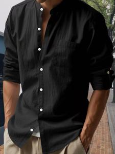 Men's Solid Color Cotton Linen Henley Neck Shirt, Regular Fit Casual Breathable Plain Long Sleeve Top for Summer, Men's Clothes for Daily Wear