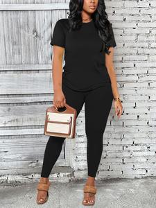 Women's Solid Color Round Neck Tee & Leggings Co Ord Set, Summer Clothes, Short Sleeve T-shirt & Skinny Pants, Summer Daily Wear, Workout Sets Women, Activewear, Workout Gym Clothing