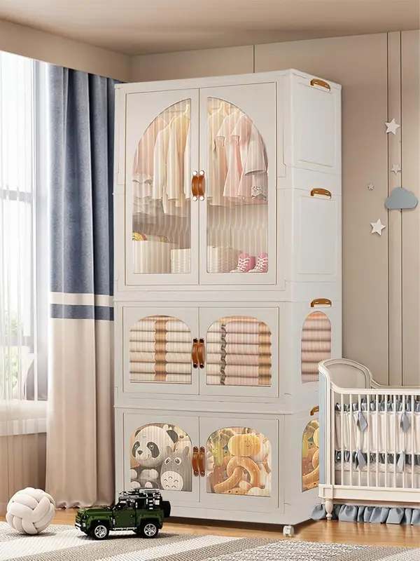 Kalolary Portable Kids Closet, Children's Wardrobe Collapsible Plastic Wardrobe Storage Box with 10 Hangers Storage Containers for Bedroom with Wheels, Suitable for Storing Children's Clothing 6