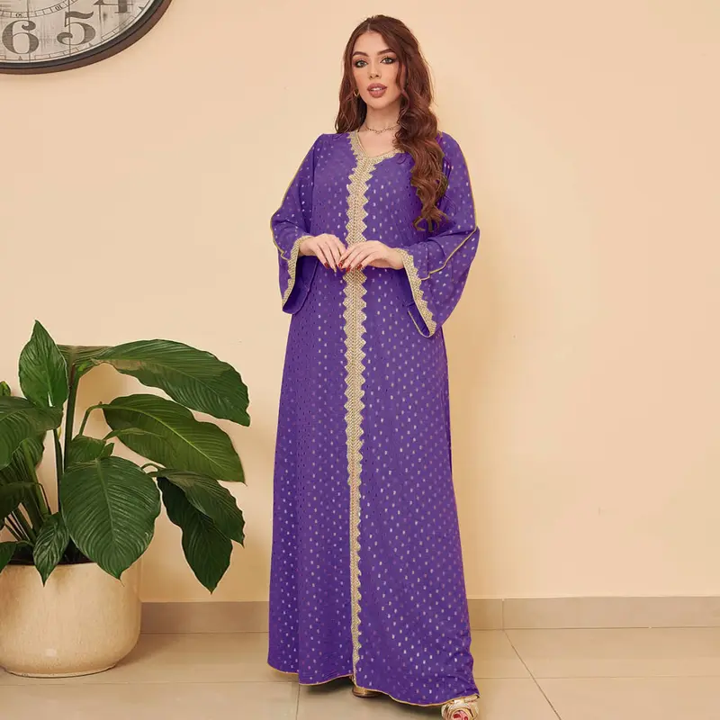 Muslim Abaya Gold Embossed Simple Lace Slim Fit Dubai Women's Dress 8