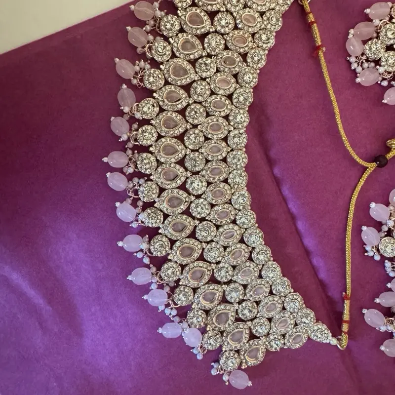 Crystal and Nude Pink 3 piece Indian Pakistani Jewellery Set 2