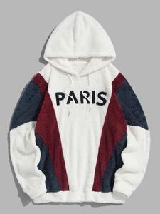 Men's Colorblock & Letter Embroidered Drawstring Fuzzy Hoodie, Casual Soft Comfy Warm Long Sleeve Sweatshirt for Fall & Winter, Men's Clothes for Daily Wear